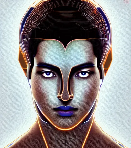 Image similar to symmetry!! indian prince of technology, solid cube of light, hard edges, product render retro - futuristic poster scifi, lasers and neon circuits, brown skin handsome indian prince, intricate, elegant, highly detailed, digital painting, artstation, concept art, smooth, sharp focus, illustration, dreamlike, art by artgerm