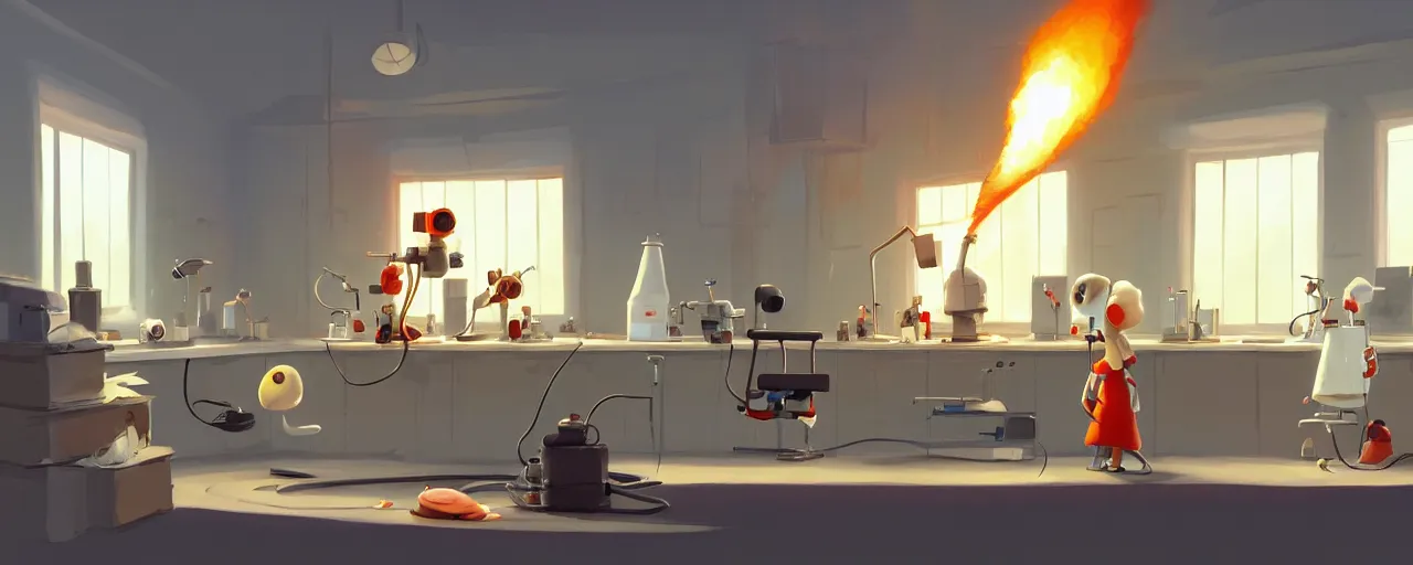 Image similar to goro fujita ilustration a science laboratory in a game dev studio office, explosion in the laboratory fire and smoke, painting by goro fujita, sharp focus, highly detailed, artstation