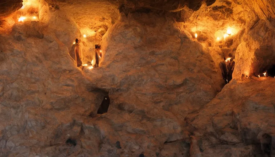 Image similar to the karma sutra painted on cave walls lit by fire