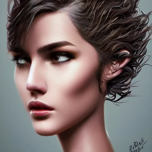 Prompt: beautiful brunette young woman's face, intricate, synth-wave, retrowave, highly-detailed, elegant, dramatic lighting, gorgeous face, lifelike, photorealistic face, long luxurious intricate gown, digital painting, artstation, illustration, concept art, smooth, sharp focus, art by Craig Russel, Barry Smith, artgerm, and Albert Aublet and Krenz Cushart and Artem Demura and Alphonse Mucha