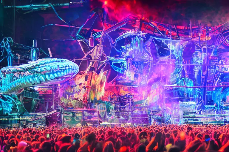 Image similar to an outdoor festival stage with audience, big 3 d letters tripmachine, center of the stage is a big futuristic steampunk machine with gears and belts and tubes, surrounded by big screens and loudspeakers, rock musicians on the stage, laser show, 8 k, fluorescent colors, halluzinogenic, multicolored, exaggerated detailed, unreal engine