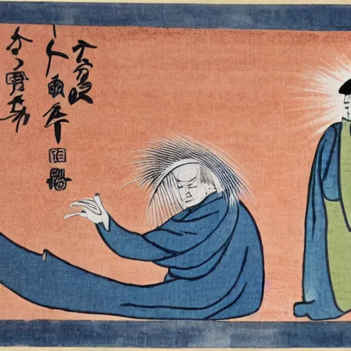 Image similar to ancient japanese watercolour of a darth sidious shooting lightning from his fingers at luke skywalker. Luke Skywalker is writhing on the ground in agony and begging darth vader to help.