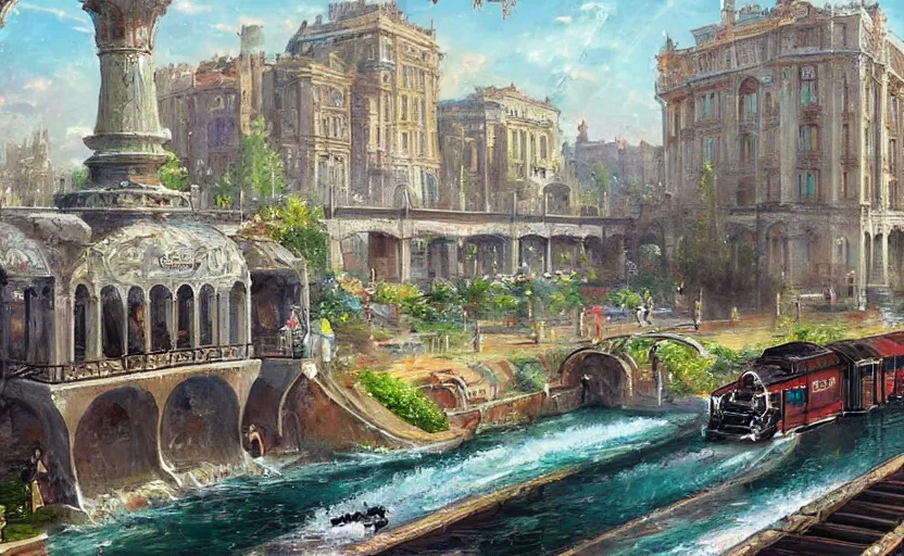 Image similar to An urban train rides inside of a waterway on a fantasy city, next to a fountain and a mystical palace. By Konstantin Razumov, horror scene, highly detailded