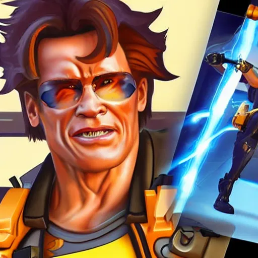 Prompt: a screenshot of arnold schwarzenegger as tracer in overwatch, temple of anubis map