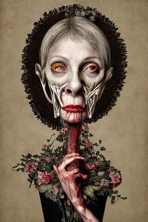 Image similar to Detailed maximalist portrait of a beautiful old woman with large lips and eyes, scared expression, botanical skeletal with extra flesh, HD mixed media, 3D collage, highly detailed and intricate, surreal illustration in the style of Caravaggio, dark art, baroque, centred in image