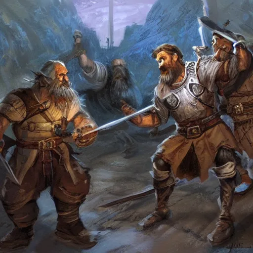 Prompt: DnD dwarves in gladitorial duel. Concept art by james gurney.