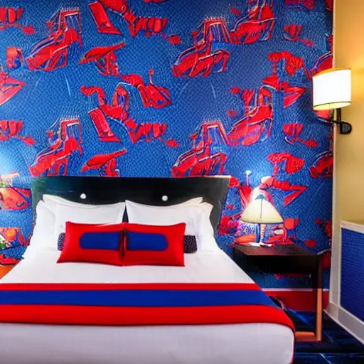 Image similar to photography of theme park hotel room themed to spider - man motif. bed has spider - man blankets. wall has spider - man pattern. furniture has spider - man motif. furniture is shaped like spider - man furniture. carpet has spider - man motif. lighting has spider - man film shapes