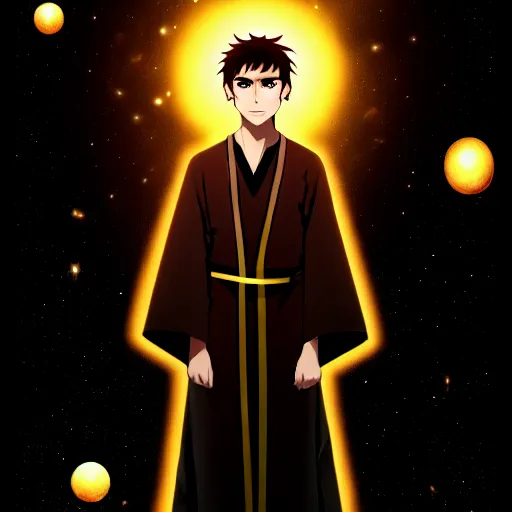 Image similar to a man with with brown hair, eyes with stars and galaxies in his eyes, wearing a black robe with the tips made of gold, anime, trending on artstation, high quality