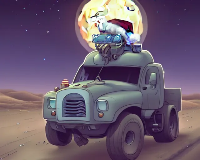 Image similar to a cell shaded cartoon grey mechanized santa, with a big head, on a desert road, wide shot, in front of a big moon, muted colors, post grunge, josan gonzales, wlop, by james jean, victor ngai, hq, deviantart, art by artgem