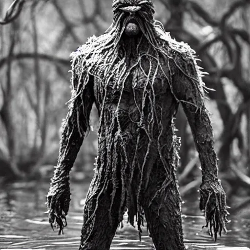 Prompt: a b&w photo of the swamp thing