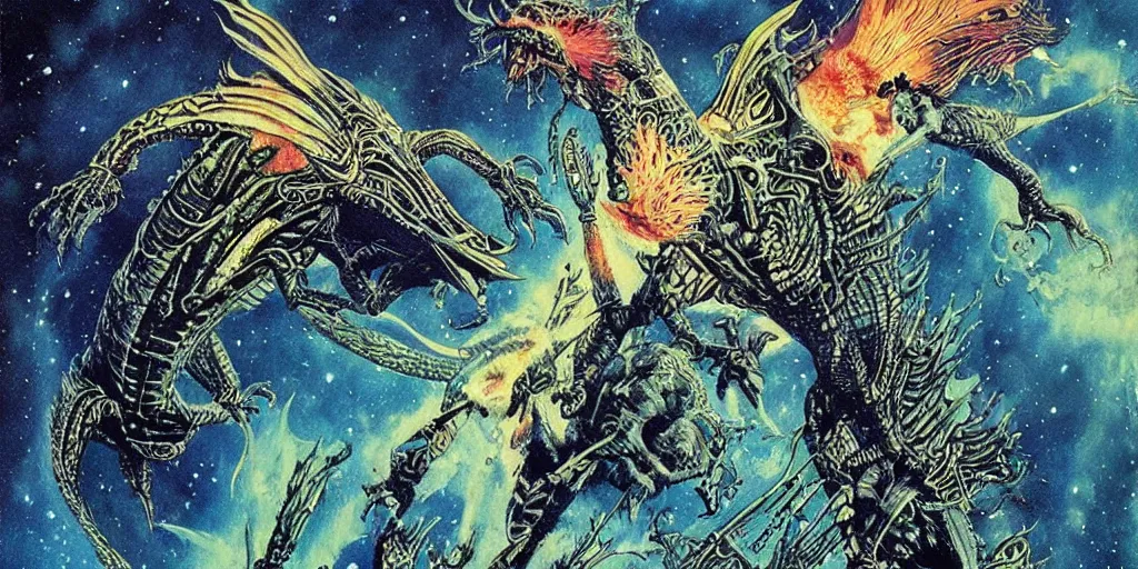 Image similar to an alien dragon flying through outer space, epic nebula, style of philippe druillet matte illustration