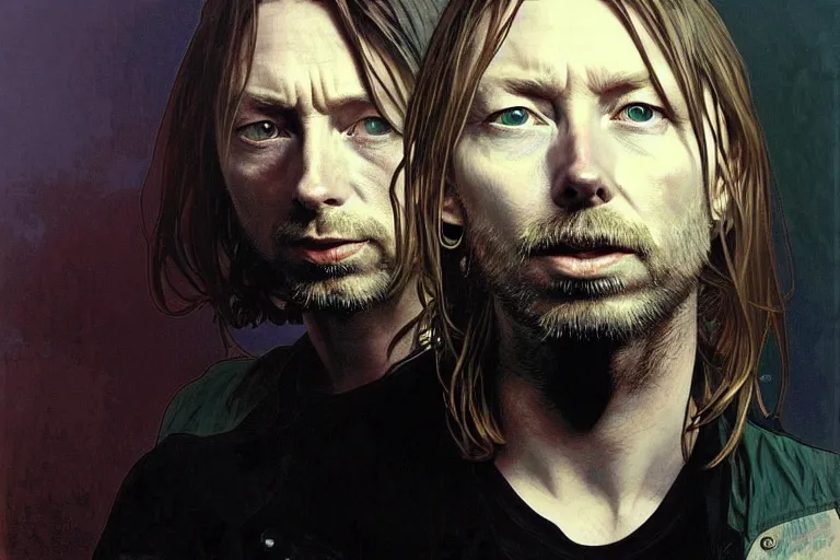 Image similar to hyper realistic portrait of thom yorke singer songwriter, side, liminal space, by lee bermejo, alphonse mucha and greg rutkowski mixed with kurt cobain