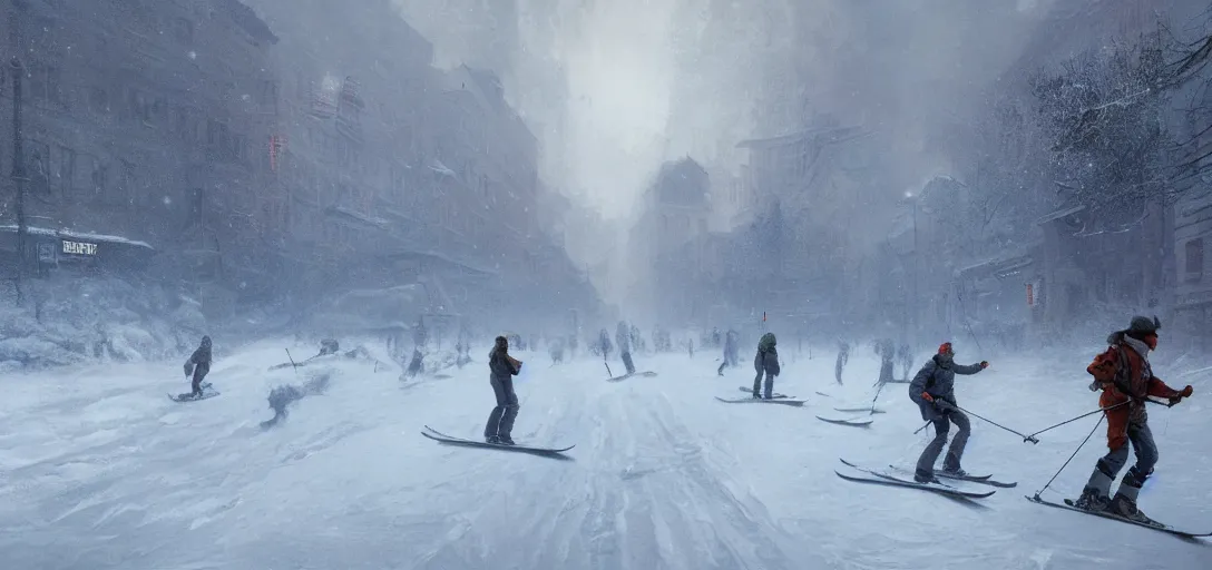 Image similar to famous photo of the blizzard in oslo, people skiing, hyper detailed, 8k, james gurney, greg rutkowski, john howe, artstationf