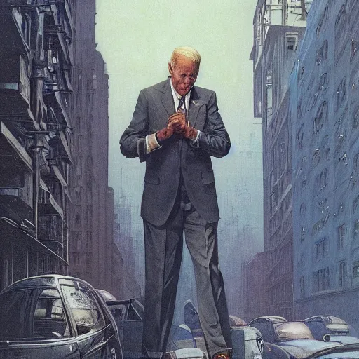 Image similar to immense, majestic, surreal, terrifying joe biden crushing buildings under his heel in streets of art deco city, perfectly clear face, by j. c. leyendecker and beksinski