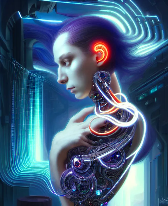 Image similar to a whirlwind of souls rushing inside the metaverse, hologram, half body, neurochip, shaved temple, piercing, jewelry, android, cyborg, cyberpunk face, by loish, d & d, fantasy, intricate, elegant, highly detailed, colorful, digital painting, artstation, concept art, art by artgerm and greg rutkowski and alphonse mucha