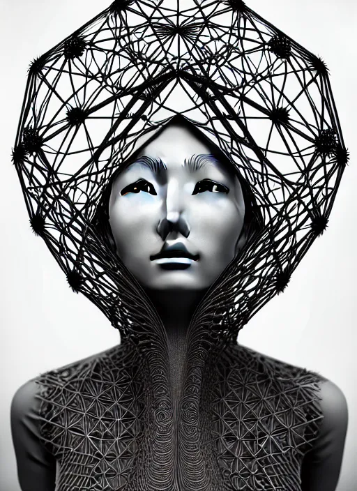 Prompt: ridiculously beautiful young asian woman thinking by irakli nadar, several layers of intricate sacred geometry, orgasm, cosmic, natural, awakening, symmetrical, in the style of ernst haeckel and alex grey, 3 d geodesic lattice helmet, warm, photo realistic, epic and cinematic