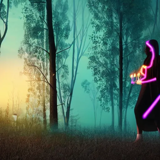 Image similar to a girl glowing with neon colors in the foreground holding a white candle in the distance, and a man in a black cloak walking in the woods behind, at sunset, octane render, realistic lighting, full frame,