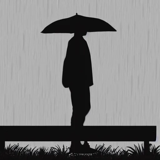 Prompt: a silhouette of a man on a bench while its raining looking down, 4k, digital art, hyper detailed