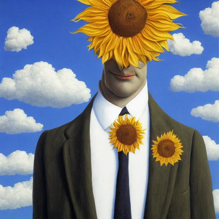 Image similar to portrait of a faceless sunflower - head man in a suit, clouds in the background, by rene magritte, detailed painting, distance, centered, hd, hq, high resolution, high detail, 4 k, 8 k