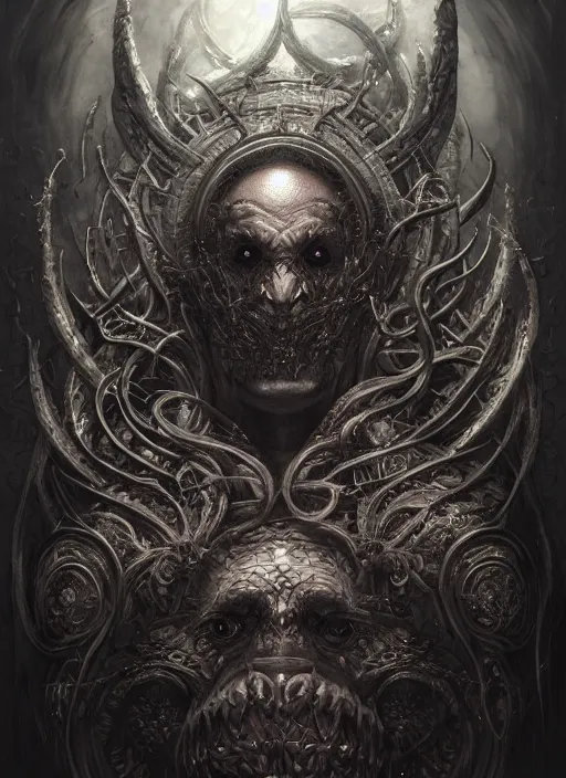 Image similar to full portrait of priestking of the old gods, black metal shiny skin. intricate, elegant, highly detailed, centered, digital painting, artstation, concept art, smooth, sharp focus, illustration, artgerm, tomasz alen kopera, peter mohrbacher, donato giancola, joseph christian leyendecker, wlop, frank frazetta