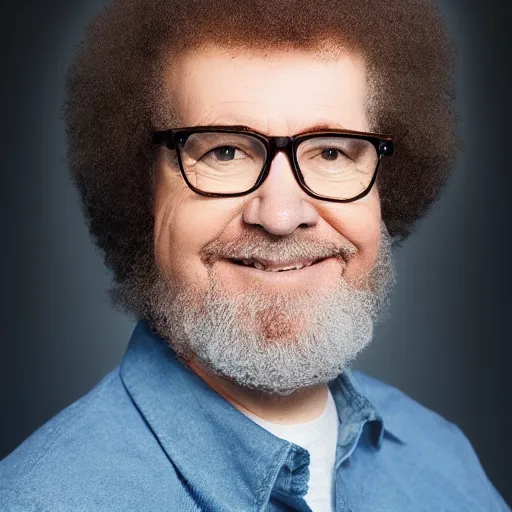 Prompt: beautiful portrait photograph of a bob ross wearing square glasses, simple background, studio lighting
