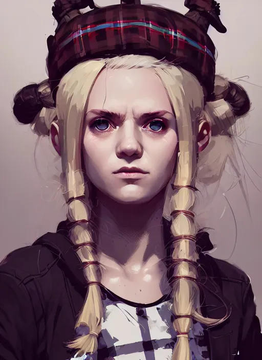 Image similar to highly detailed closeup portrait of a sewer punk swedish female barbarian student, tartan garment, blonde hair pigtails with headband by atey ghailan, by greg rutkowski, by greg tocchini, by james gilleard, by joe fenton, by kaethe butcher, gradient sapphire, black, brown and white color scheme, grunge aesthetic!!! white graffiti tag wall background