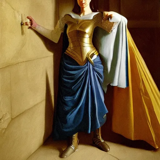 Prompt: a painting of gal gadot in knights armor by vermeer