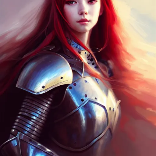 Prompt: girl in knight armor , long hair , red hair , portrait , made by Stanley Artgerm Lau, WLOP, Rossdraws, James Jean, Andrei Riabovitchev, Marc Simonetti, Yoshitaka Amano, ArtStation, CGSociety