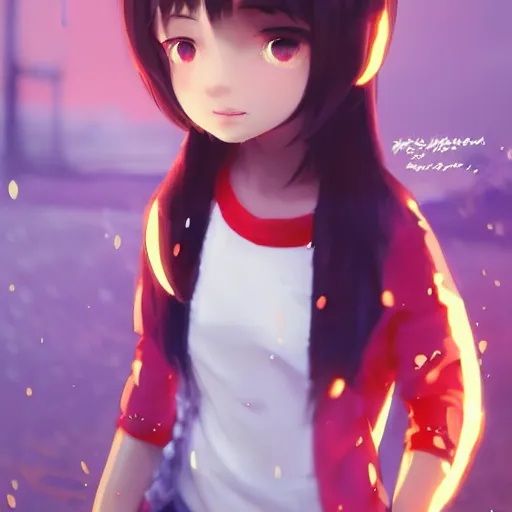 Image similar to Full body, splash art by WLOP, Ilya kuvshinov, Krenz Cushart, and Greg Rutkowski, trending on artstation. Realistic fantasy cute Latina Pixar-style young girl, expressing joy, silky hair, wearing a red-sleeved white t-shirt with jeans, she has fire powers, her hair glows super glowy fire, Cinematic dramatic atmosphere of a mystic forest, sharp focus, soft volumetric studio lighting.