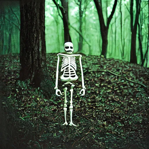 Prompt: film photography, portrait of skelleton standing in a forrest, 35mm, film photo