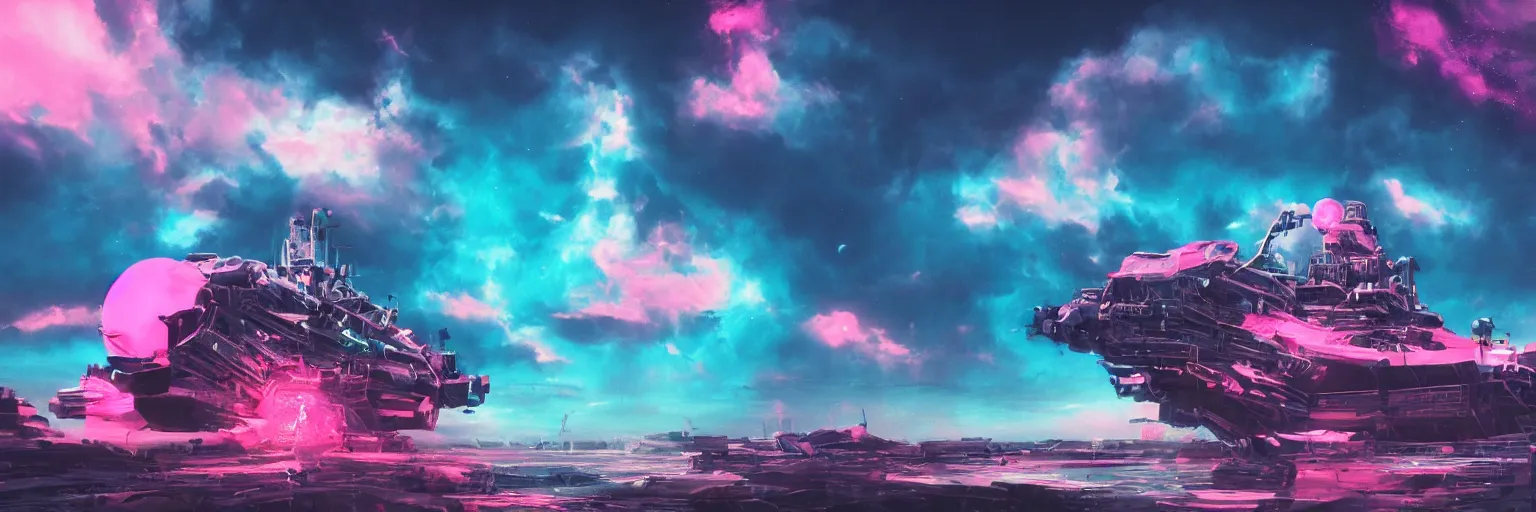 Image similar to space, hyperdetailed illustration, portrait big dark dog, mohawk, stars, pink, neon, oil painting, rich deep colors masterpiece, pirate neon ship, ultra detailed, contrast, heaven pink, clouds, volumetric light, atmospheric lighting, dramatic, cinematic, moody, octane render 4 k, 8 k