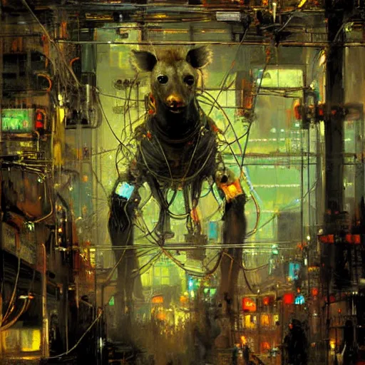 Prompt: robot cyborg hyena, many wires and neon lights exposed, metal and glowing eyes, highly detailed painting by jeremy mann