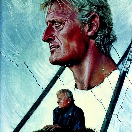 Prompt: rutger hauer as roy batty from blade runner 1982 standing on rooftop in heavy rain, painted by norman rockwell and tom lovell and frank schoonover