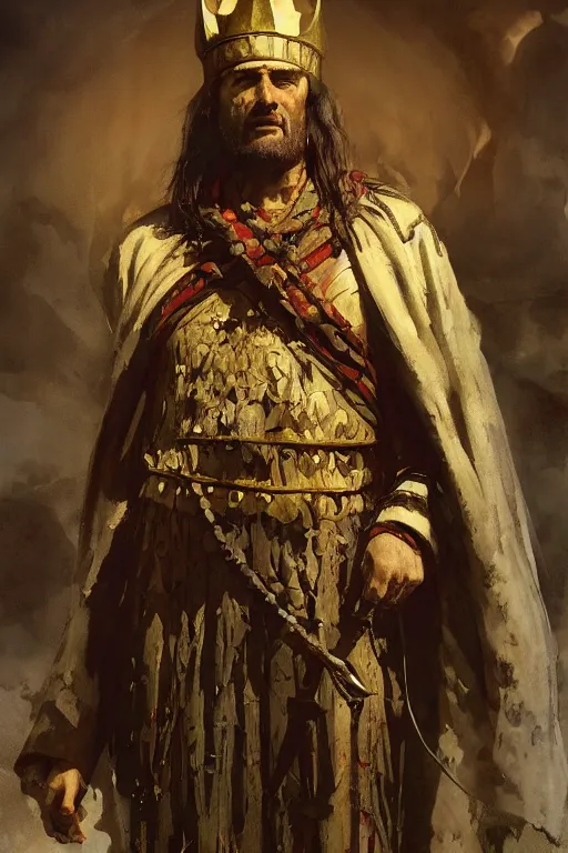 Image similar to a full body portrait of the ancient historical biblical evil pagan king ahab of Israel by craig mullins and marc simonetti, Ross Tran and WLOP, by Andrew Wyeth and Gerald Brom, In the style of John singer Sargent and James gurney, ARTSTATION, cgsociety, polycount, character design, CINEMATIC, AWE INSPIRING, BEAUTIFUL, ART GERM