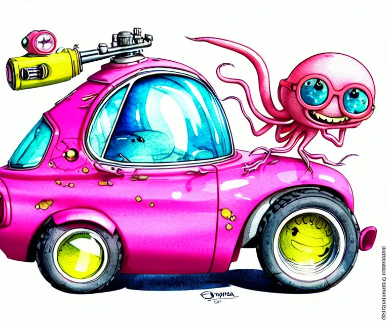 Image similar to cute and funny, pink colored squid wearing goggles riding in a tiny hot rod with oversized engine, ratfink style by ed roth, centered award winning watercolor pen illustration, isometric illustration by chihiro iwasaki, edited by range murata, tiny details by artgerm and watercolor girl, symmetrically isometrically centered