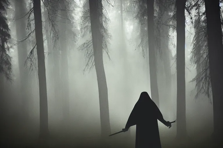 Image similar to grim reaper cloaked in smoke coming at you in a dark forest