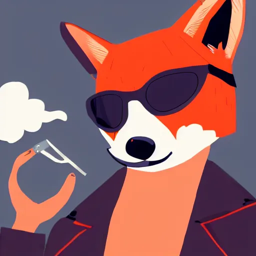 Prompt: portrait of an anthropomorphic male fox with futuristic sunglasses, wearing a black leather jacket, smoking a cigar in the middle of a busy cyber punk commercial district, digital art