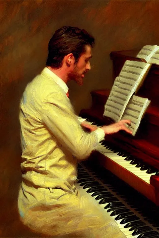 Prompt: attractive man, playing piano, painting by gaston bussiere, craig mullins