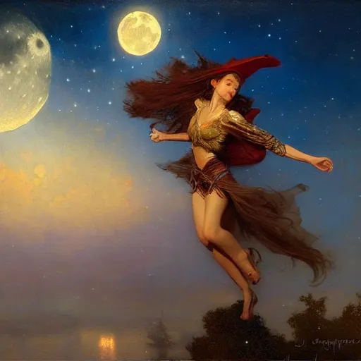 Prompt: witch magically flying trough the night, fantasy, full moon in background. highly detailed painting by gaston bussiere, craig mullins, j. c. leyendecker 8 k