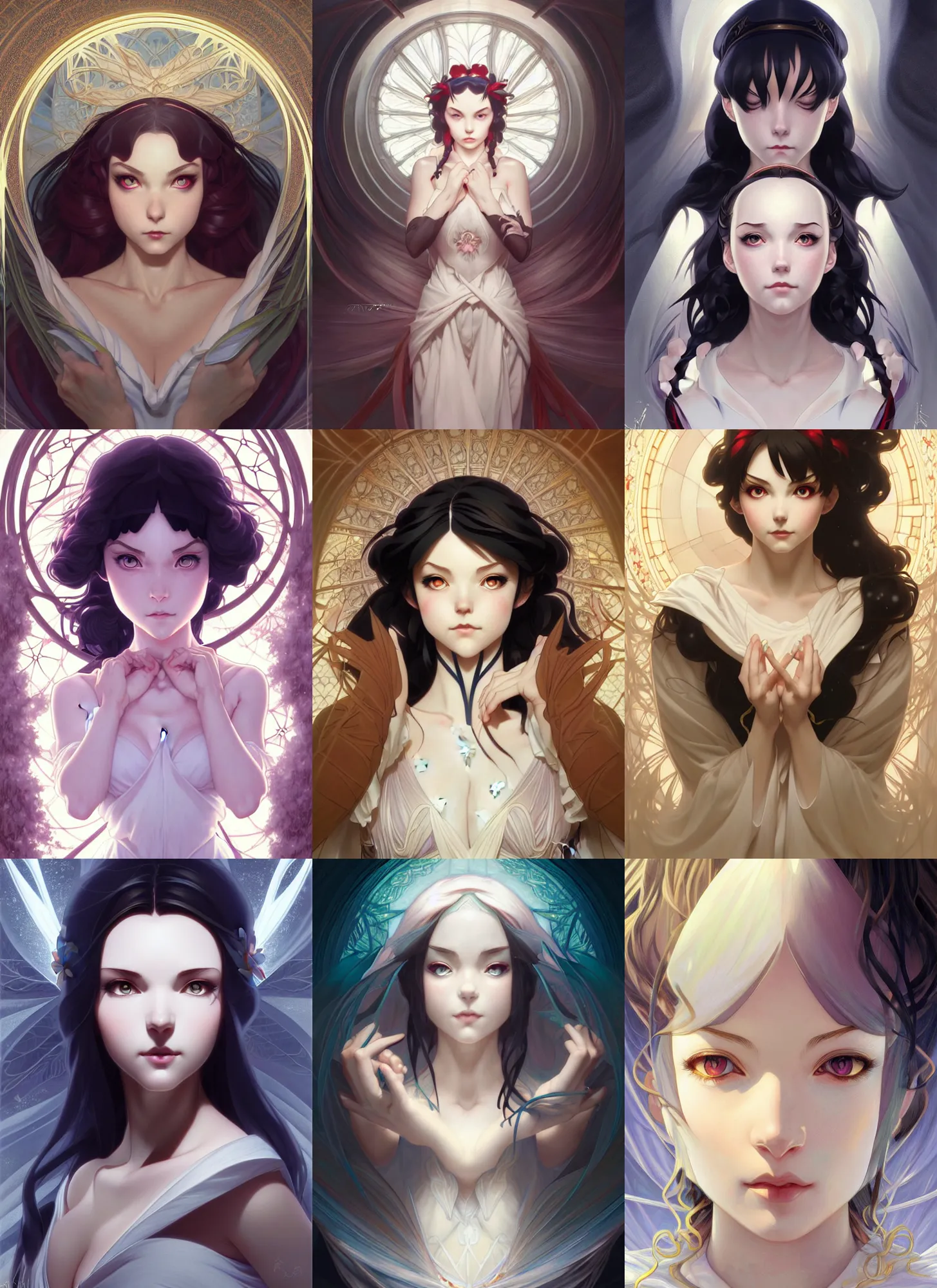 Prompt: symmetry!! portrait of an enigmatic anime snow white girl, anime, fairy tales, expressive eyes!! intricate, elegant, highly detailed, digital painting, artstation, concept art, smooth, sharp focus, illustration, art by artgerm and greg rutkowski and alphonse mucha