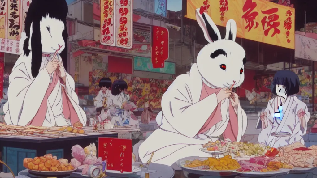 Image similar to a huge white rabbit wearing a geisha robe eating at the street market, anime film still from the an anime directed by Katsuhiro Otomo with art direction by Salvador Dalí, wide lens