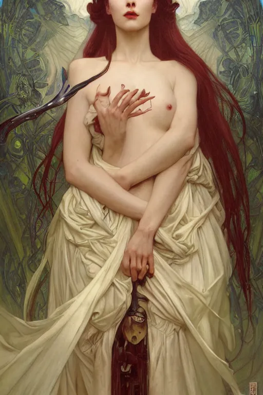 Image similar to masterpiece painting of beautiful vampire girl by donato giancola, darius zawadzki and tom bagshaw, face by artgerm and edmund leighton, alphonse mucha, background by james jean and h. r. giger, 8 k, biomechanical horror, majestic, volumetric lighting, porcelain skin, french nouveau, trending on pixiv