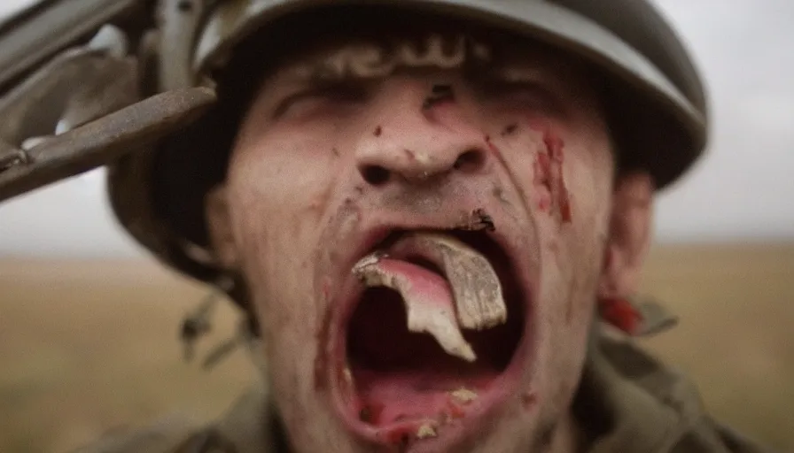 Image similar to World War 1 soldier screaming in anguish, close-up of face, wartorn landscape, dirty lens, shallow depth of field, cinematic lighting, IMAX, cinematography by Roger Deakins, 35mm