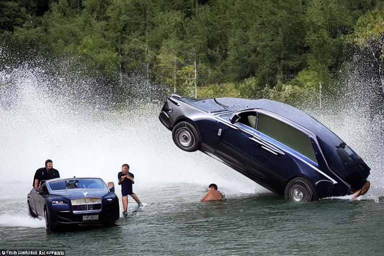 Image similar to Group of teenagers push Rolls-Royce into lake with their hands from a small slide wanting to drown him