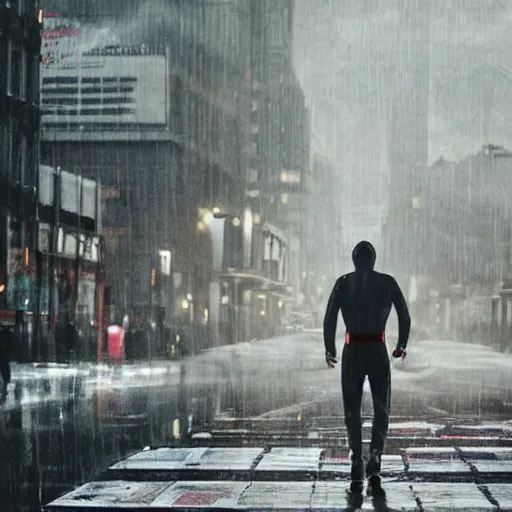 Image similar to photograph of andrew garfield spider - man, cinematic, photorealistic, city, night, rain