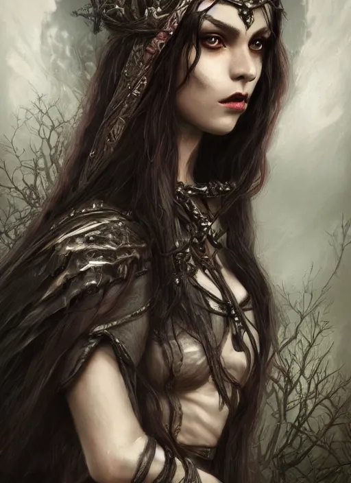 Image similar to mysterious dark and beautiful witch with long hair and a crown, fantasy, medieval, vivid colors, fantasy, elegant, concept art, sharp focus, beautiful face!!, digital art, Hyper-realistic, 4K, Unreal Engine, Highly Detailed, HD, Dramatic Lighting by Brom, trending on Artstation