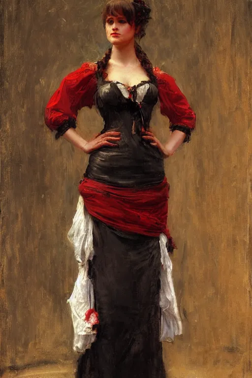 Image similar to Richard S. Johnson and Solomon Joseph Solomon and Richard Schmid and Jeremy Lipking victorian genre painting full length portrait painting of a young beautiful woman traditional german french barmaid in fantasy costume, red background