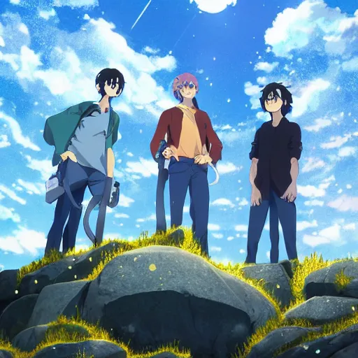 Prompt: three men wearing glasses stand next to shining gold crystals at an ore deposit, poster art by makoto shinkai, featured on pixiv, environmental art, official art, anime, movie poster