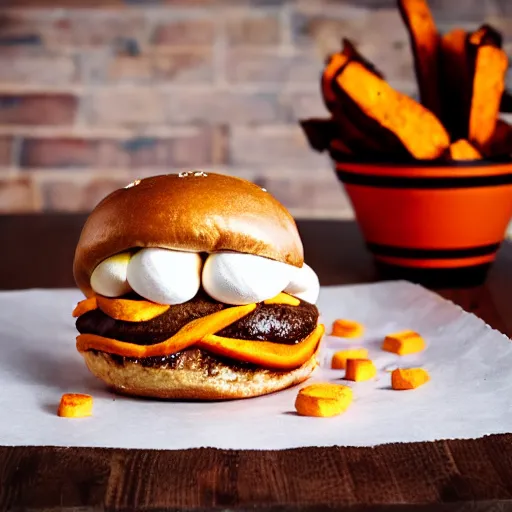 Image similar to Fast Food commercial photograph of a cinnamon hamburger bun with sweet potatoes, and melted marshmallows inside