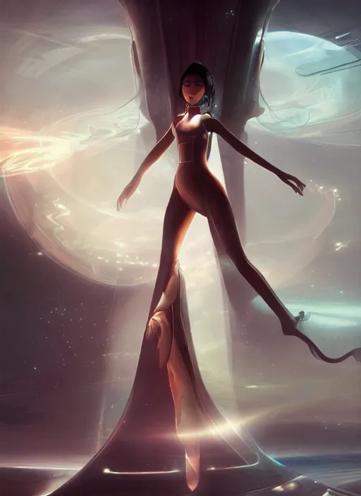 Image similar to beautiful Japanese female teen in sumptuous futuristic slim dress, scifi spacetation, unrealistic, unreal engine, by Peter mohrbacher and Boris Vallejo